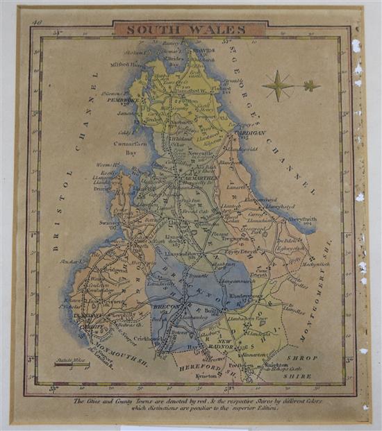 Two 18th century engraved road maps of Cardigan and Carmarthen, 19 x 12cm and a small map of South Wales